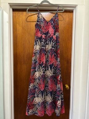 Navy Spaghetti Strap Maxi Dress with Coral & Cream Leaf Print